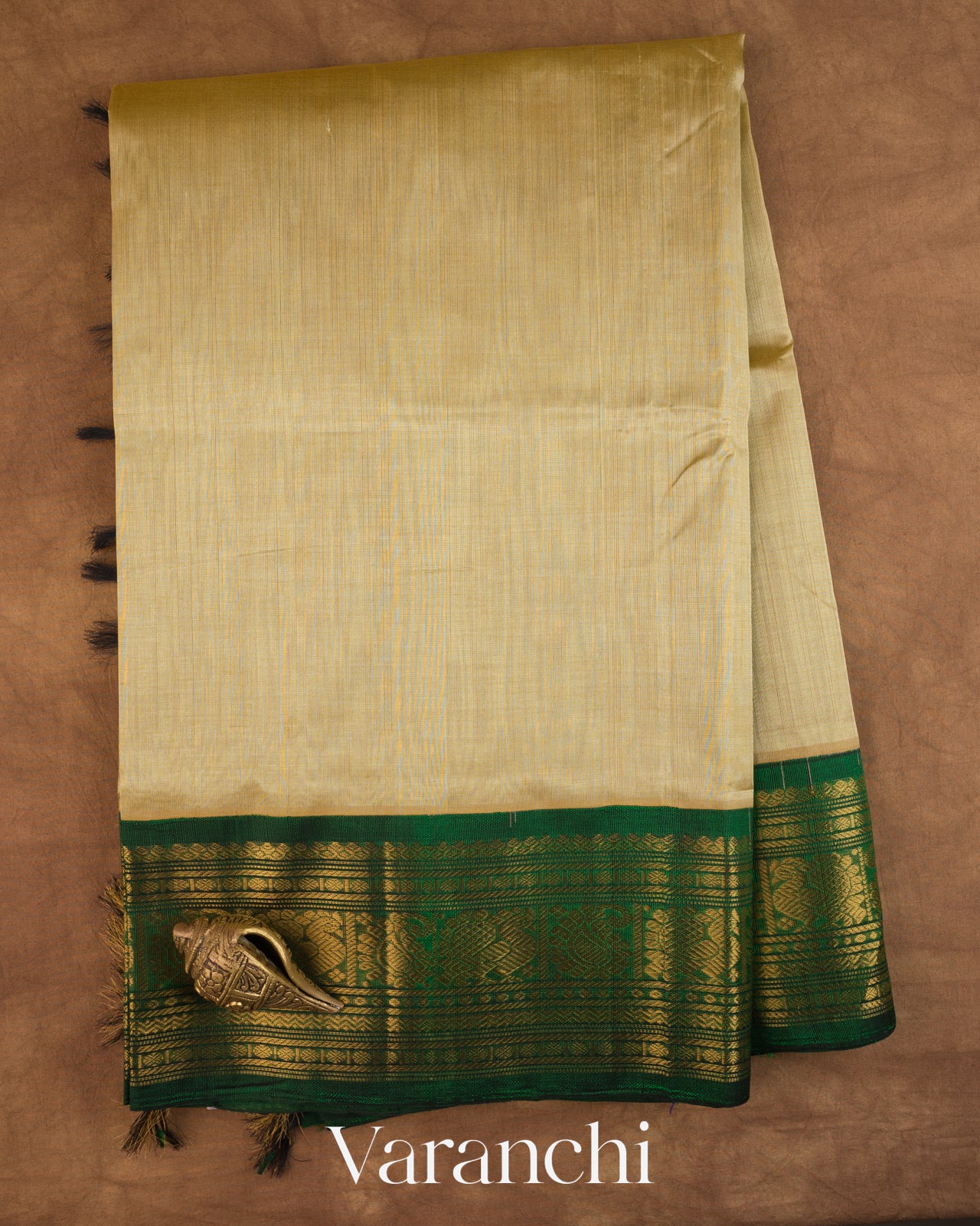 Beige Pure Kanchipuram Silk Cotton Handloom Saree — Full Saree