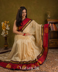 Cream Pure Kanchipuram Silk Cotton Handloom Saree — Draped
