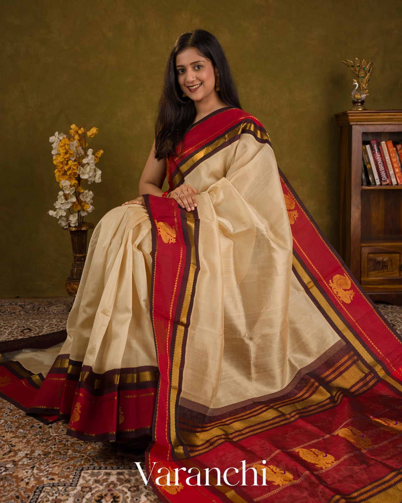 Cream Pure Kanchipuram Silk Cotton Handloom Saree — Draped