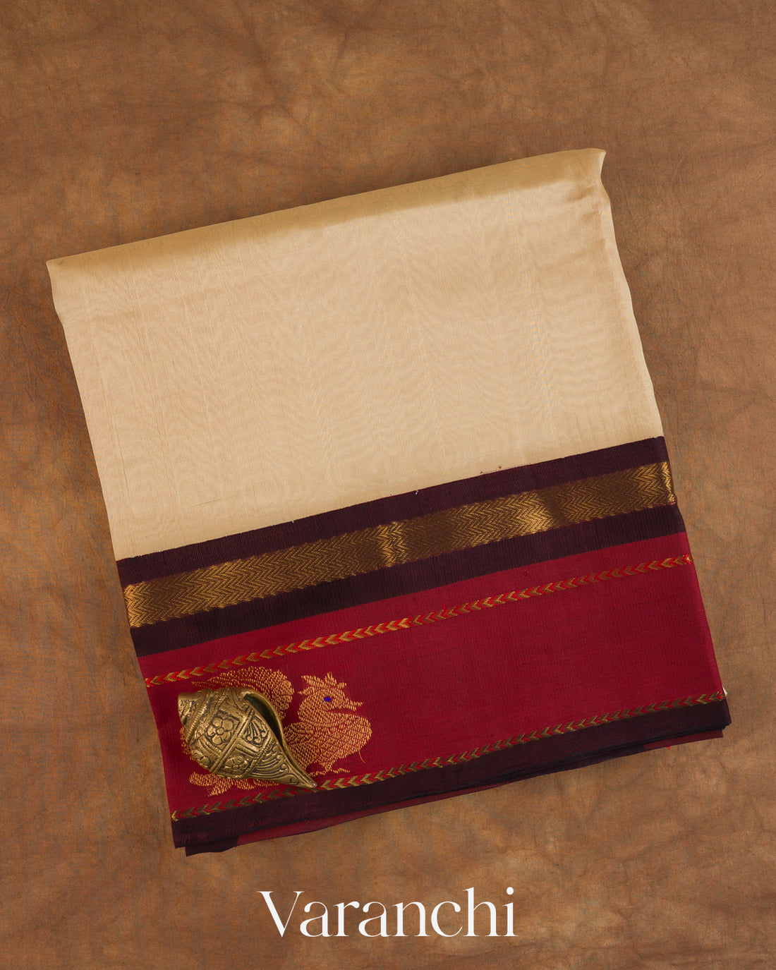 Cream Pure Kanchipuram Silk Cotton Handloom Saree — Folded