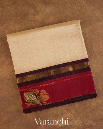 Cream Pure Kanchipuram Silk Cotton Handloom Saree — Folded