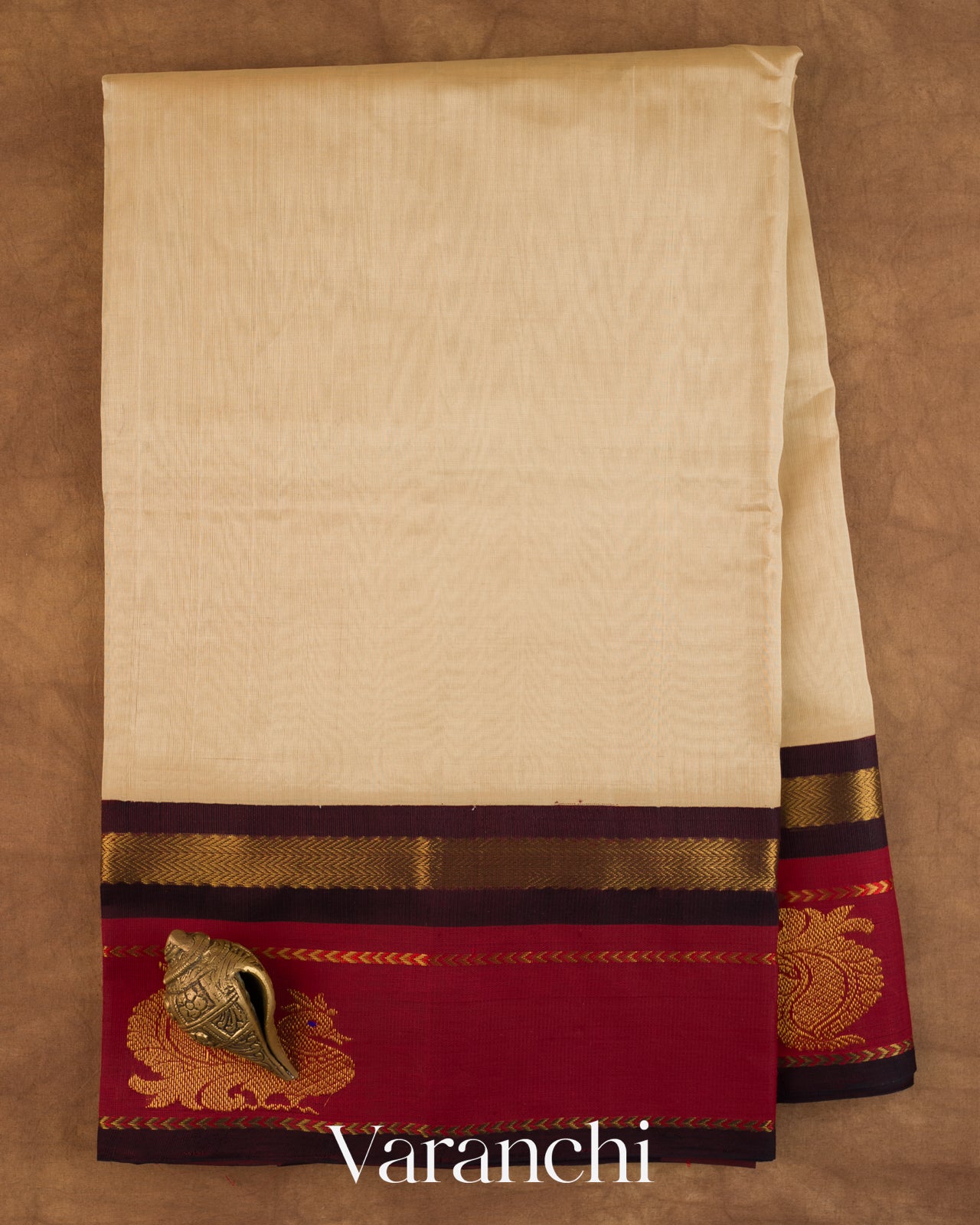 Cream Pure Kanchipuram Silk Cotton Handloom Saree — Full Saree