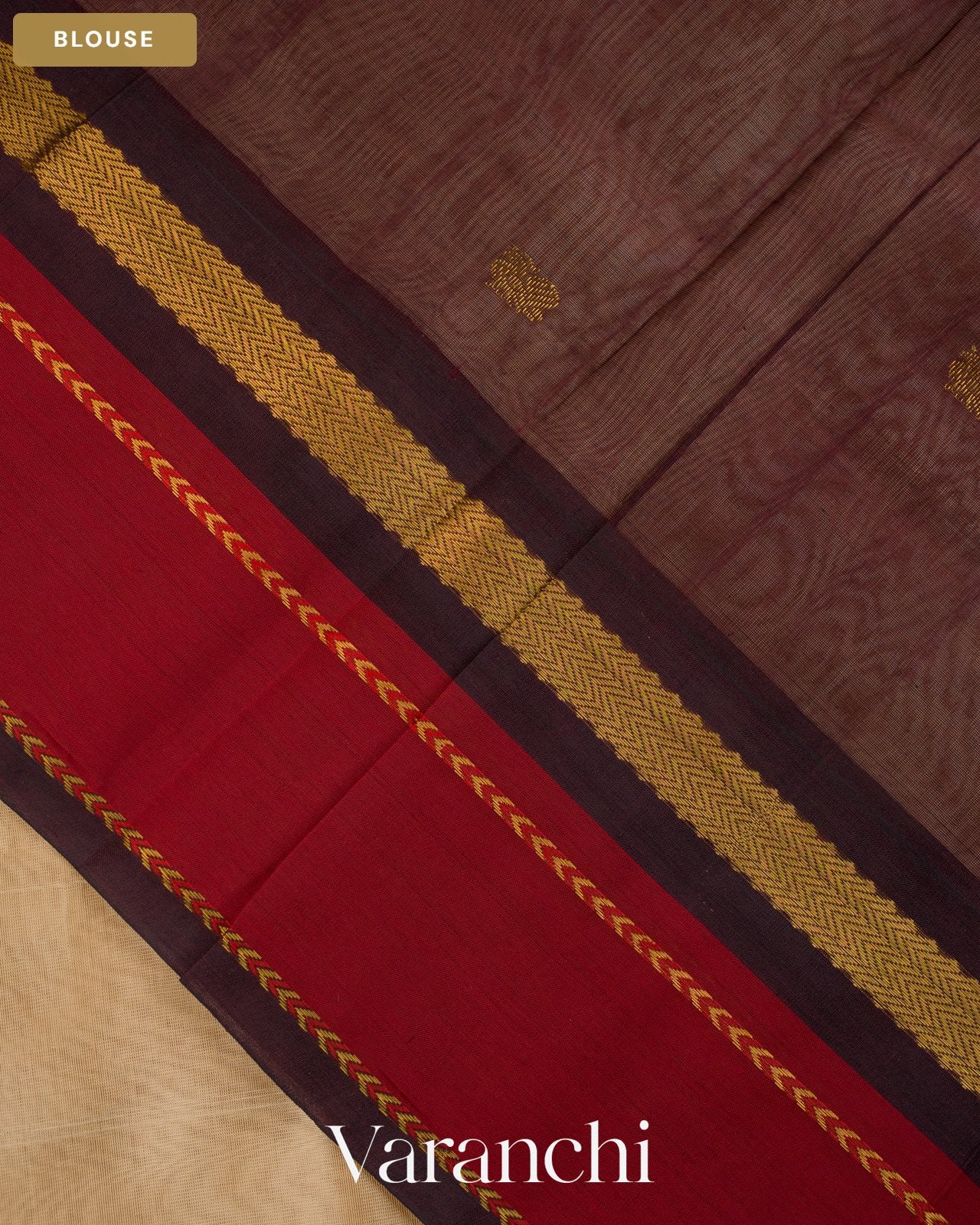 Cream Pure Kanchipuram Silk Cotton Handloom Saree — Blouse