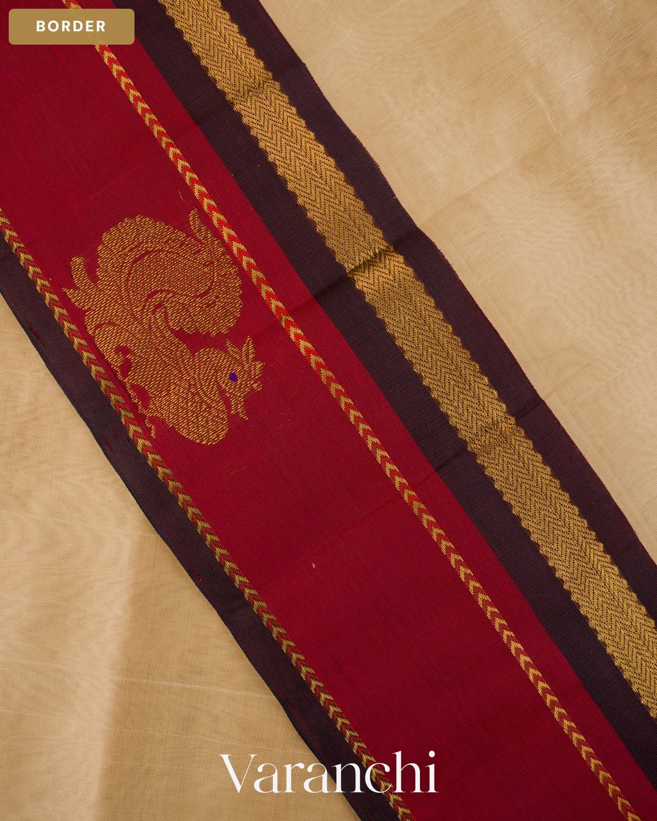 Cream Pure Kanchipuram Silk Cotton Handloom Saree — Border