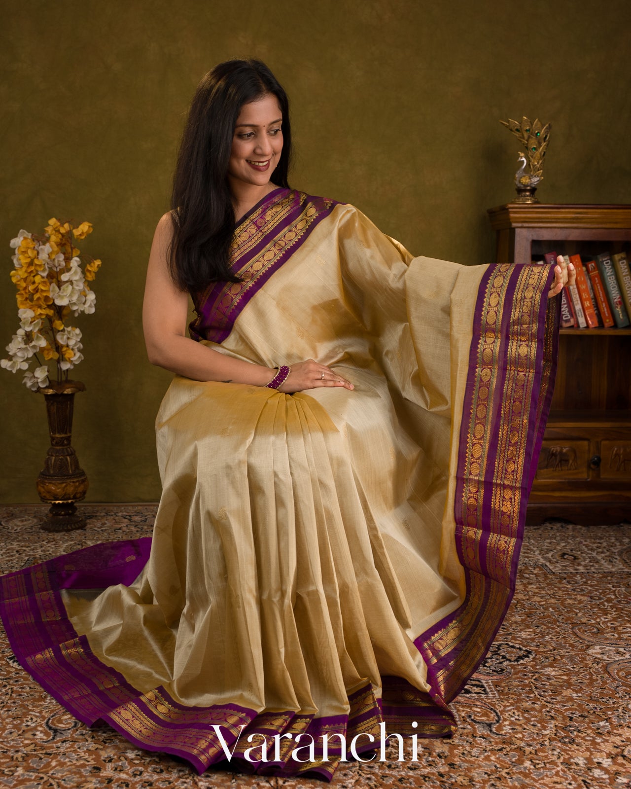 Beige Pure Kanchipuram Silk Cotton Handloom Saree — Draped