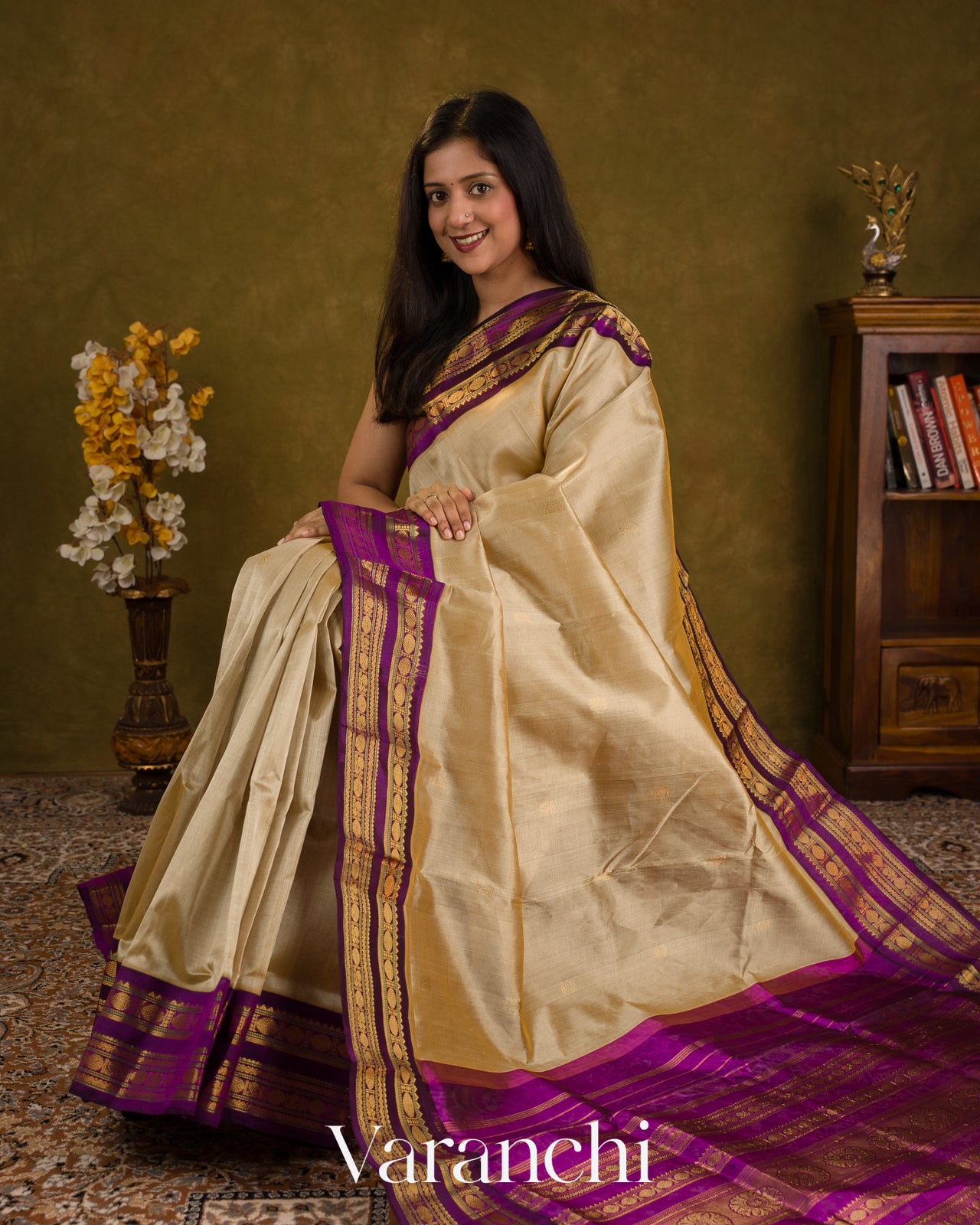 Beige Pure Kanchipuram Silk Cotton Handloom Saree — Draped