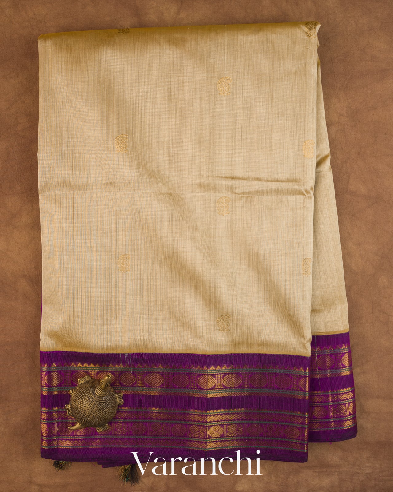 Beige Pure Kanchipuram Silk Cotton Handloom Saree — Full Saree