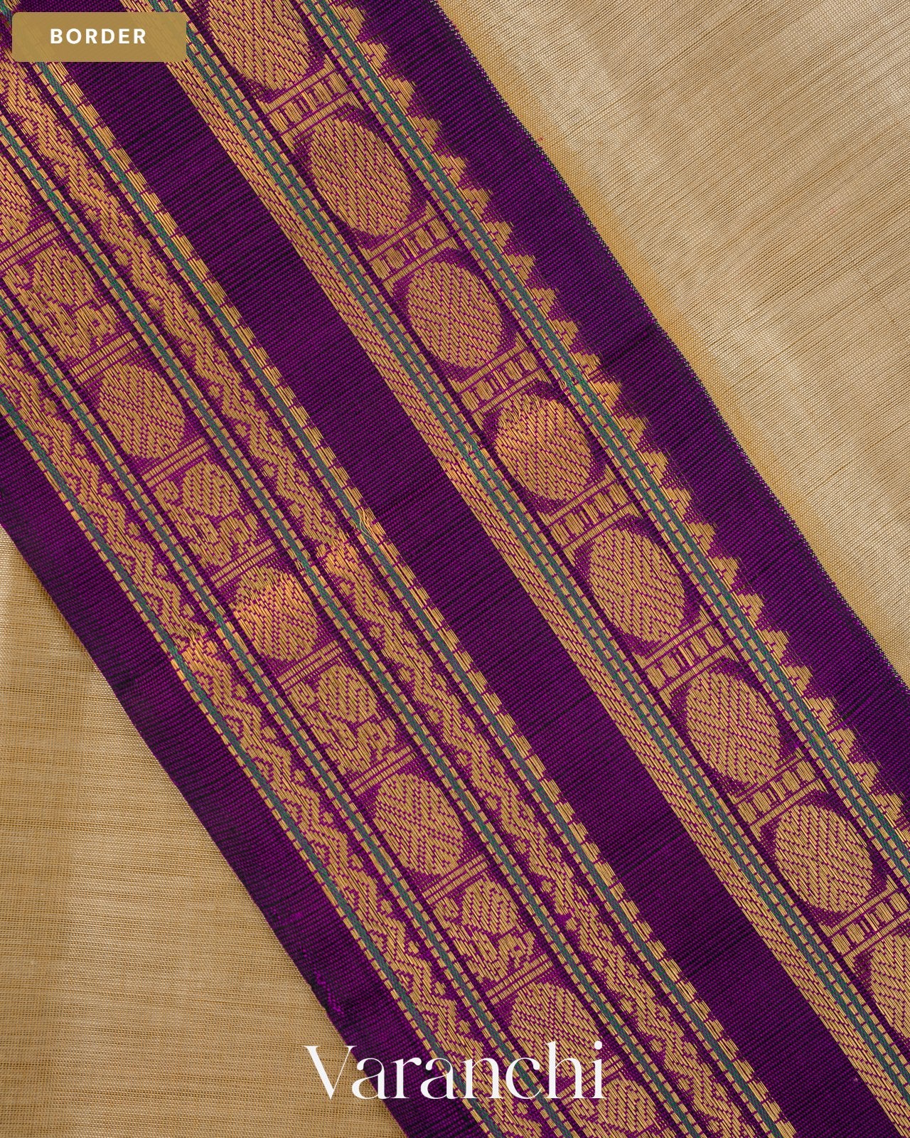 Beige Pure Kanchipuram Silk Cotton Handloom Saree — Border