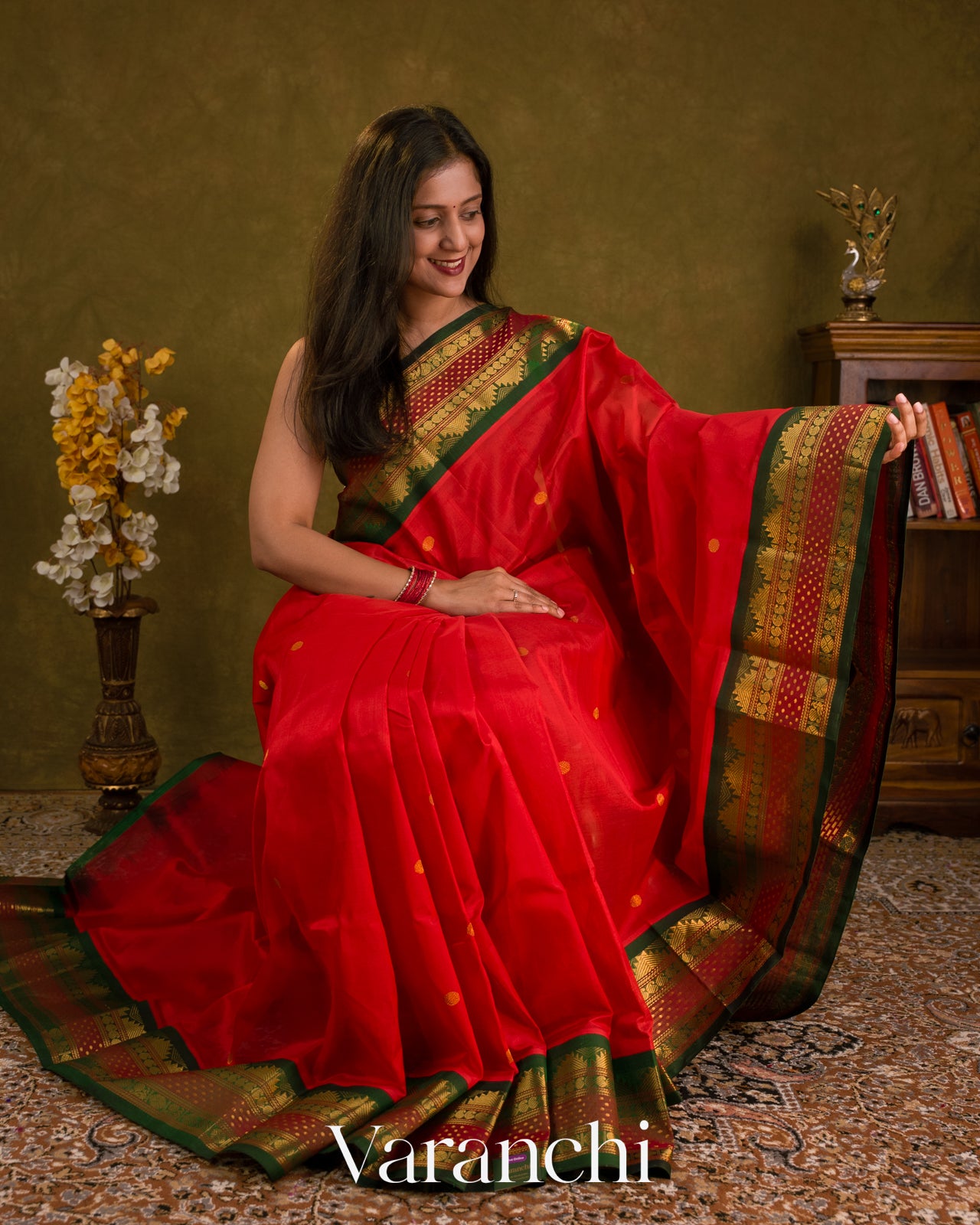 Bright Red Pure Kanchipuram Silk Cotton Handloom Saree — Draped