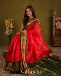 Bright Red Pure Kanchipuram Silk Cotton Handloom Saree — Draped