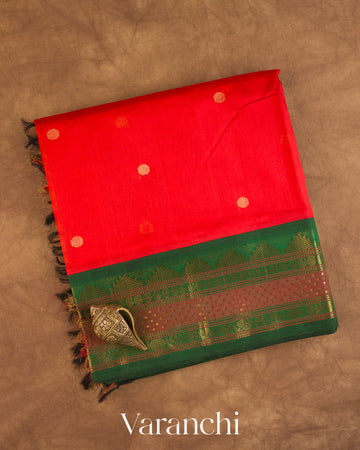 Bright Red Pure Kanchipuram Silk Cotton Handloom Saree — Folded
