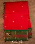 Bright Red Pure Kanchipuram Silk Cotton Handloom Saree — Full Saree