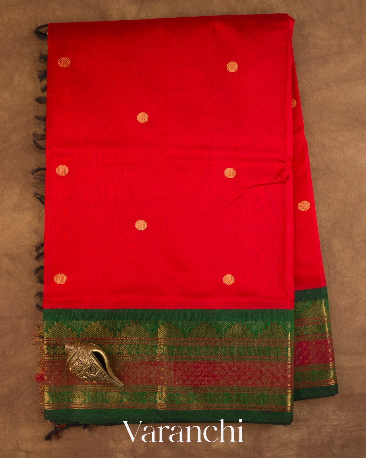 Bright Red Pure Kanchipuram Silk Cotton Handloom Saree — Full Saree