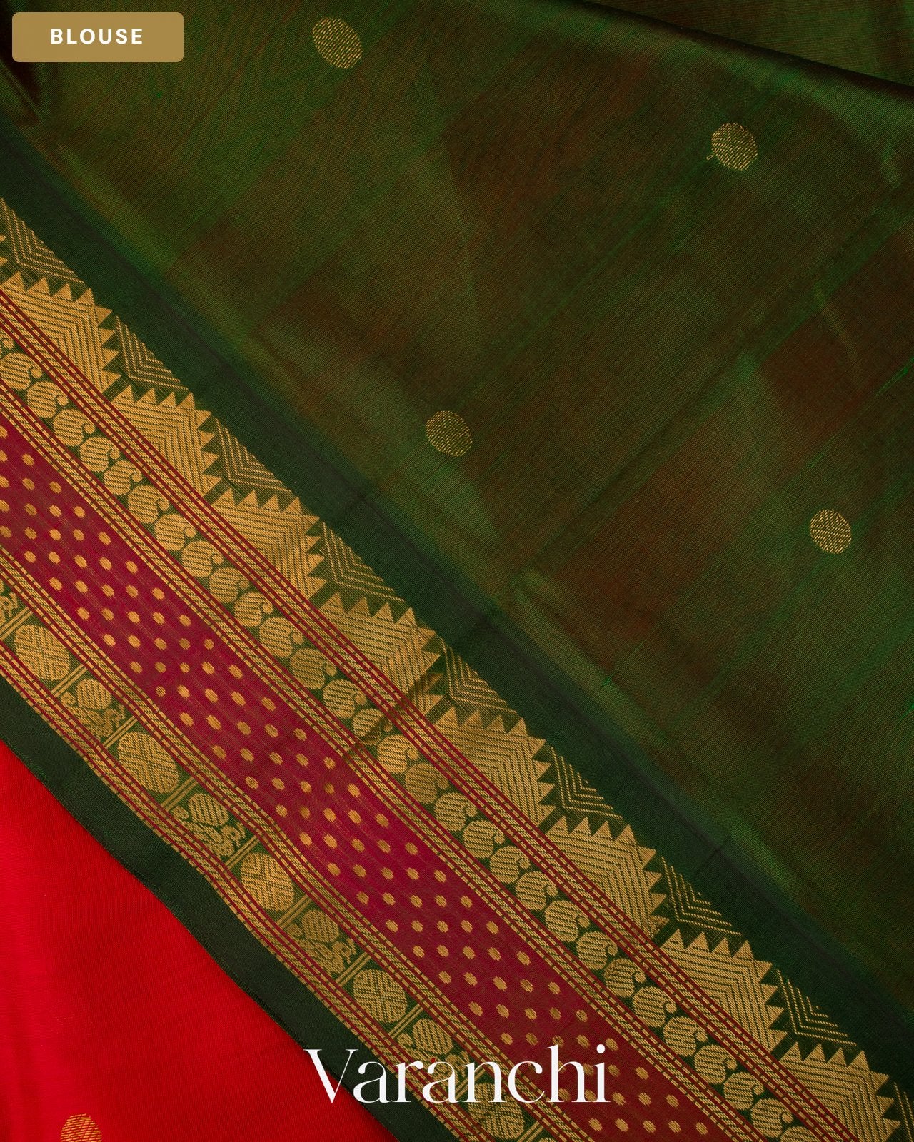 Bright Red Pure Kanchipuram Silk Cotton Handloom Saree — Blouse