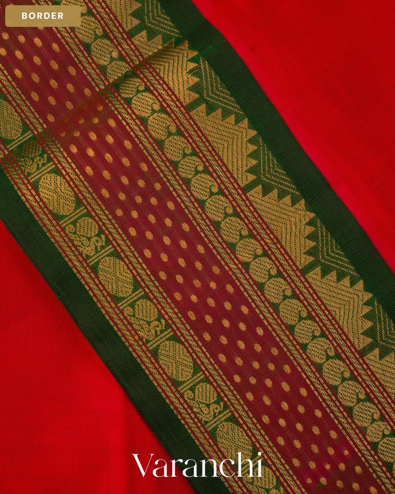 Bright Red Pure Kanchipuram Silk Cotton Handloom Saree — Border