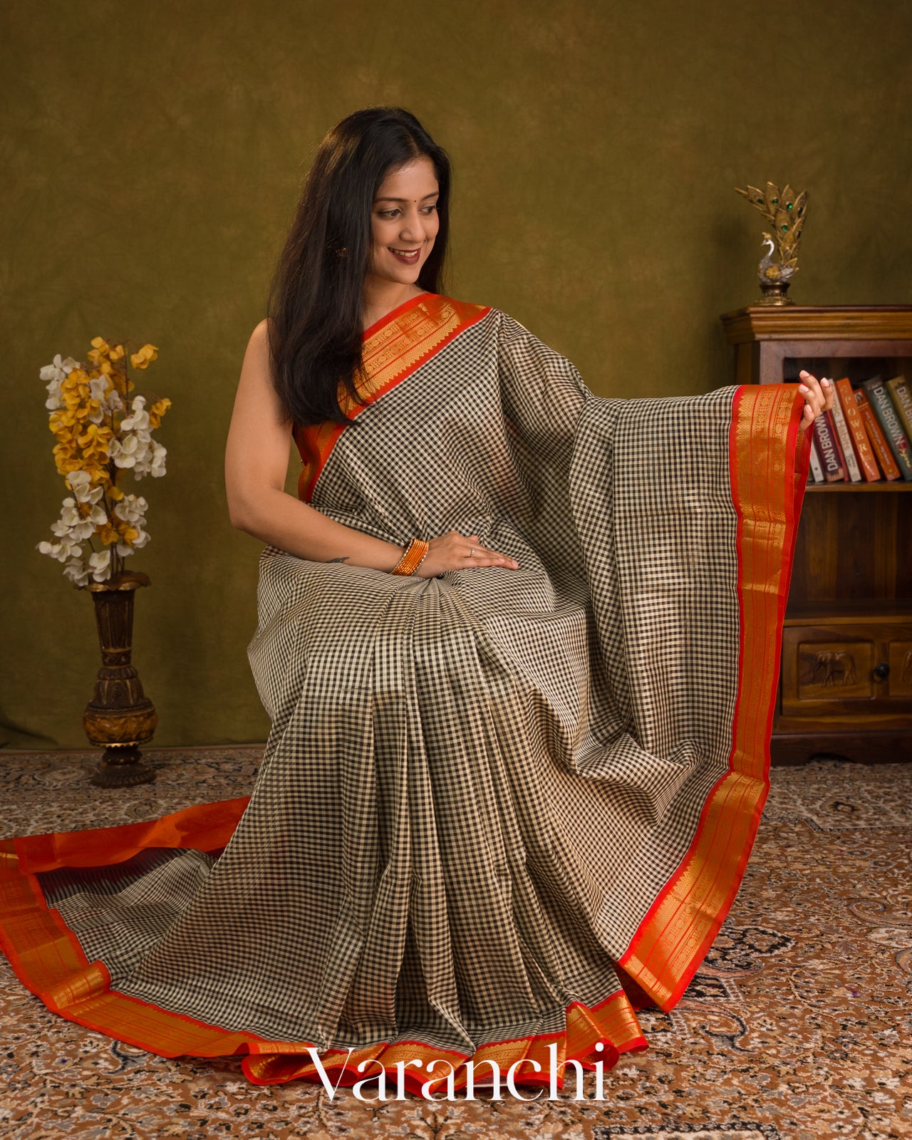 Black Checkered Pure Kanchipuram Silk Cotton Handloom Saree — Draped