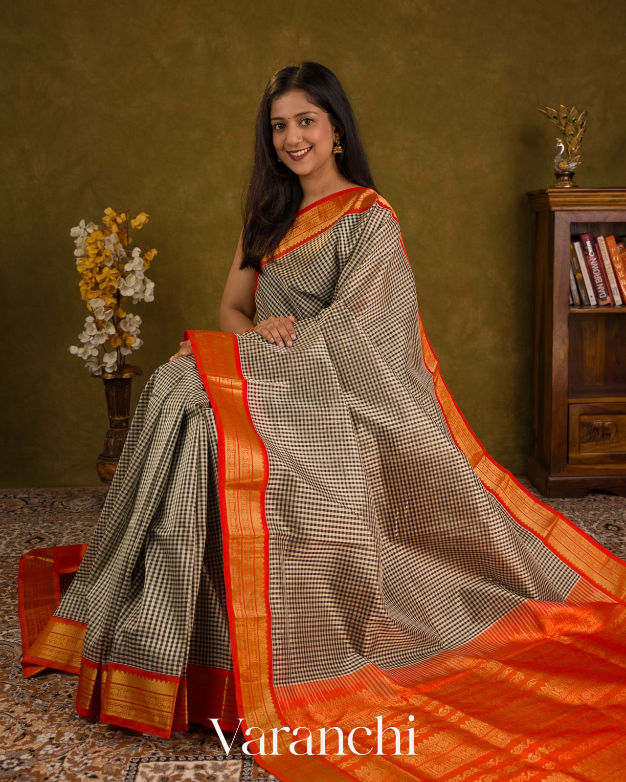 Black Checkered Pure Kanchipuram Silk Cotton Handloom Saree — Draped