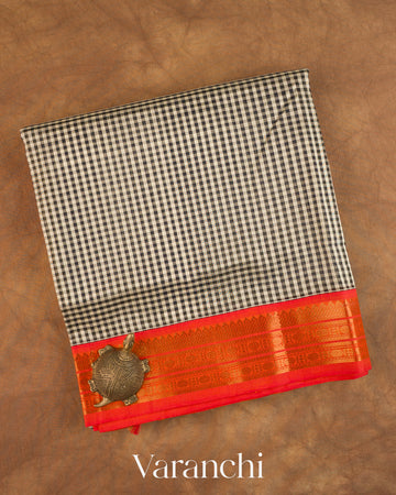 Black Checkered Pure Kanchipuram Silk Cotton Handloom Saree — Folded
