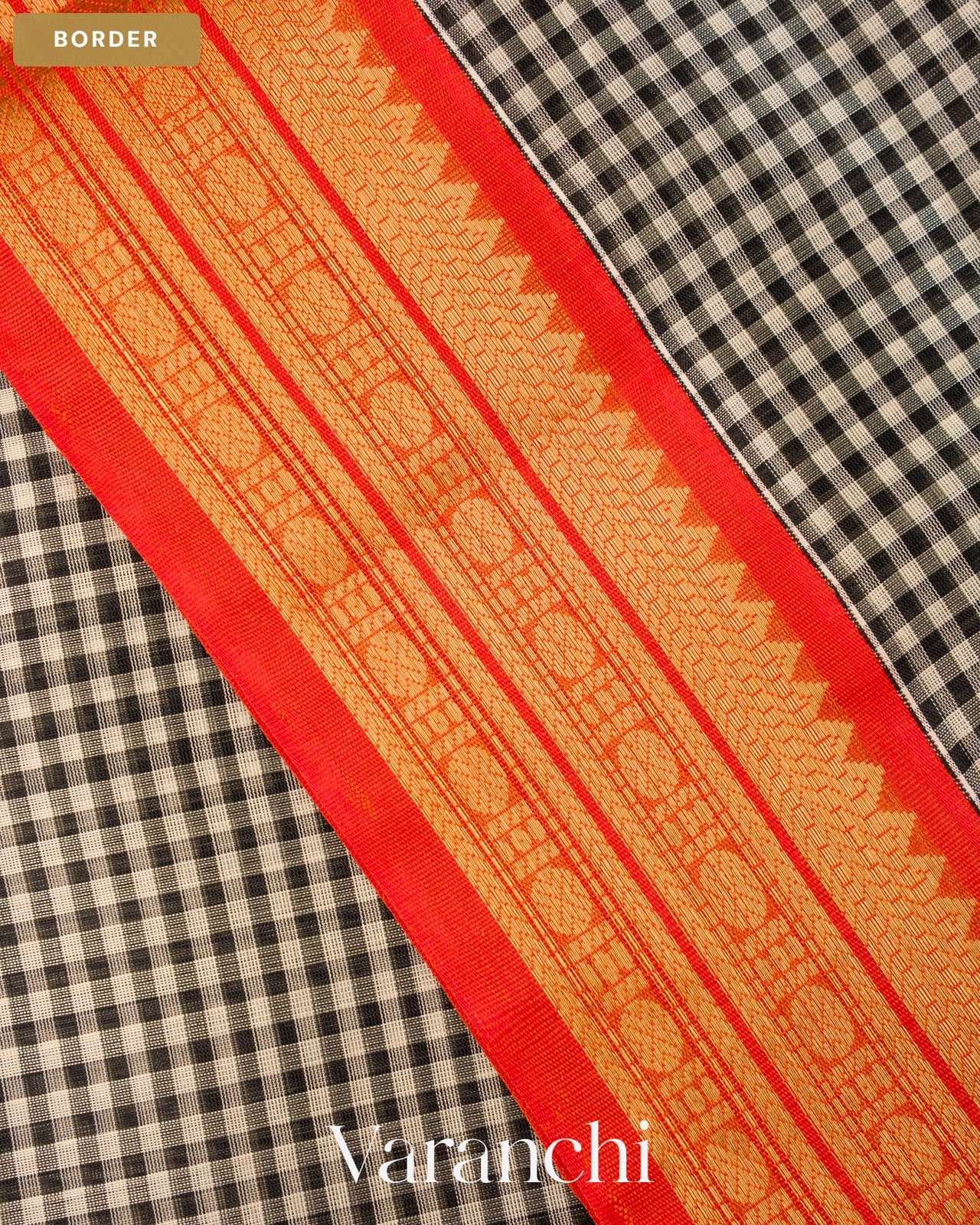 Black Checkered Pure Kanchipuram Silk Cotton Handloom Saree — Border