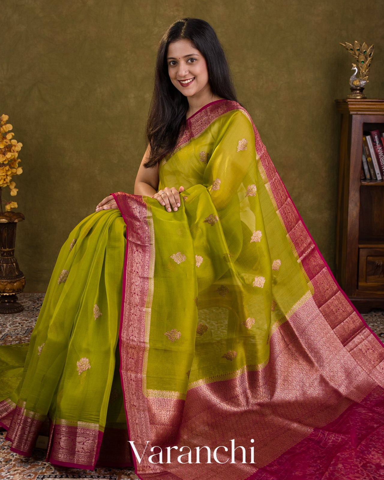 Parrot Green Pure Kora Silk Saree