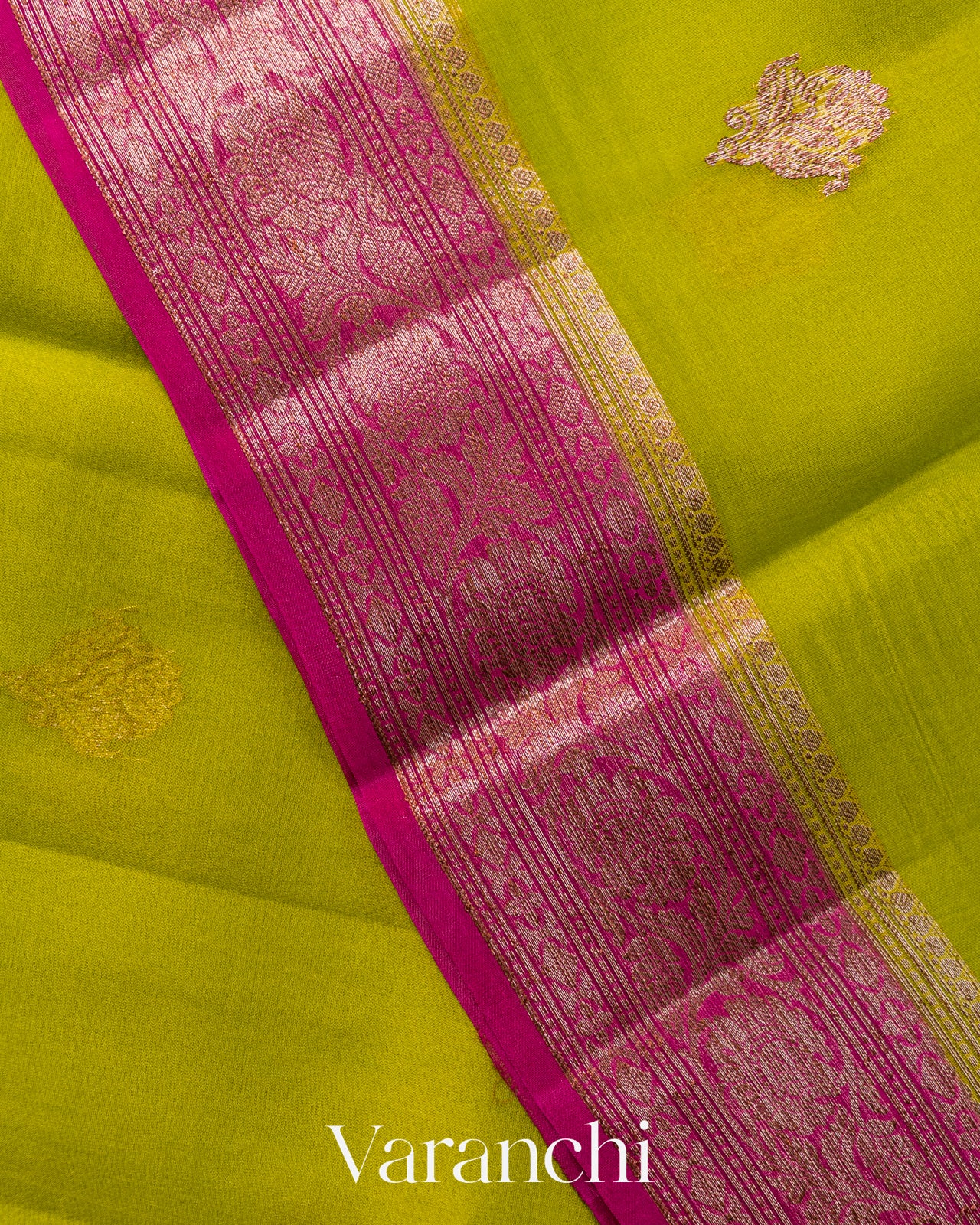 Parrot Green Pure Kora Silk Saree