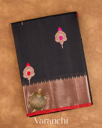Jet Black Pure Chanderi Silk Cotton Handloom Saree