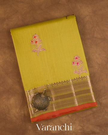 Olive Green Pure Chanderi Silk Cotton Handloom Saree