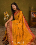 Mango Yellow Striped Pure Crepe Silk Handloom Saree — Draped