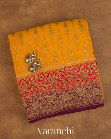 Mango Yellow Striped Pure Crepe Silk Handloom Saree — Folded