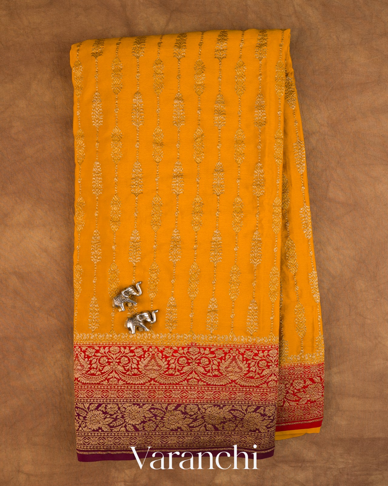 Mango Yellow Striped Pure Crepe Silk Handloom Saree — Full Saree