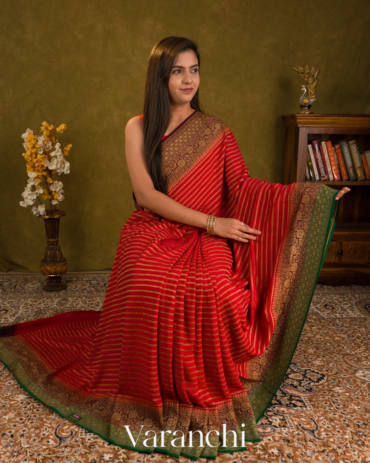 Chilly Red Striped Pure Crepe Silk Handloom Saree — Draped