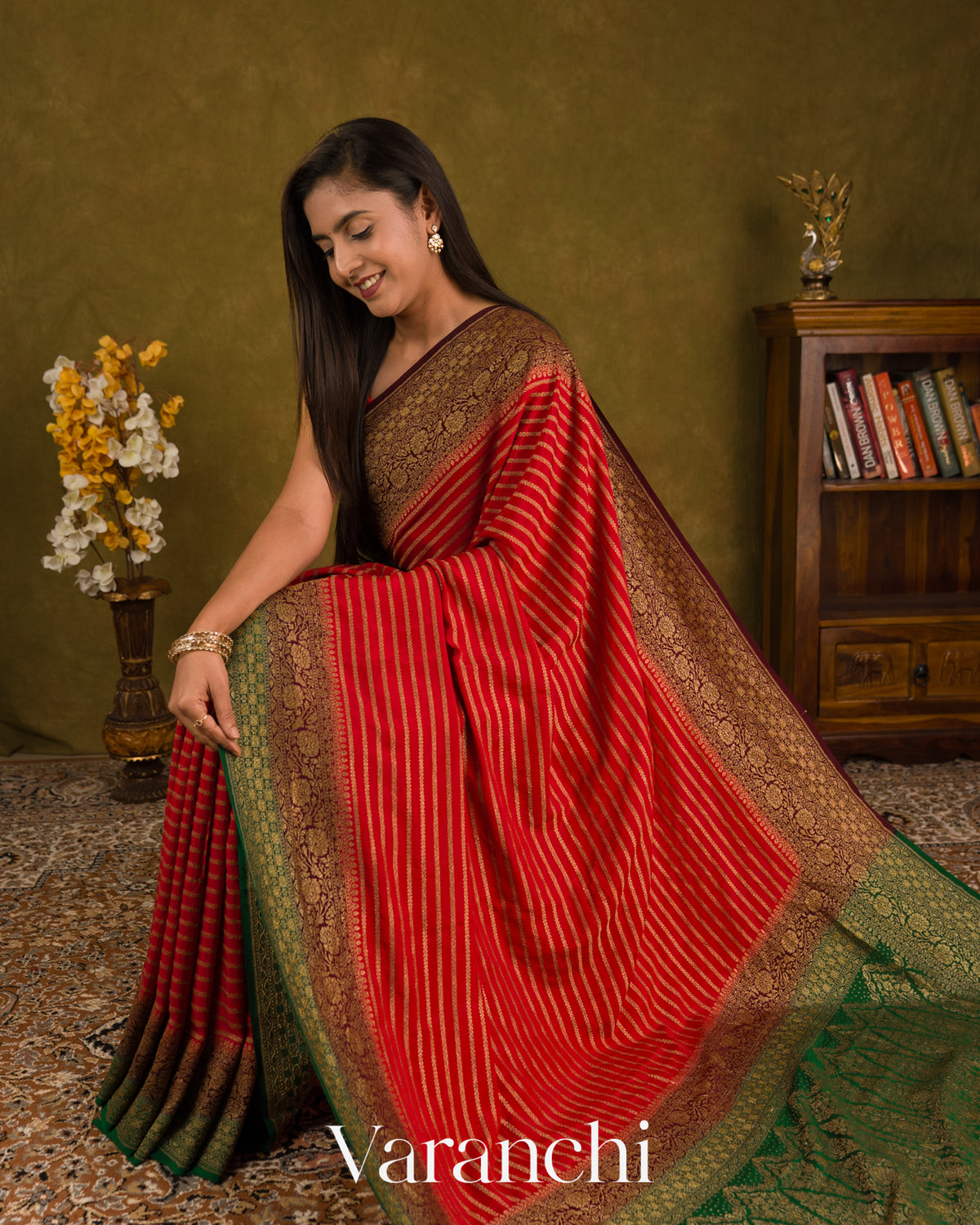 Chilly Red Striped Pure Crepe Silk Handloom Saree — Draped