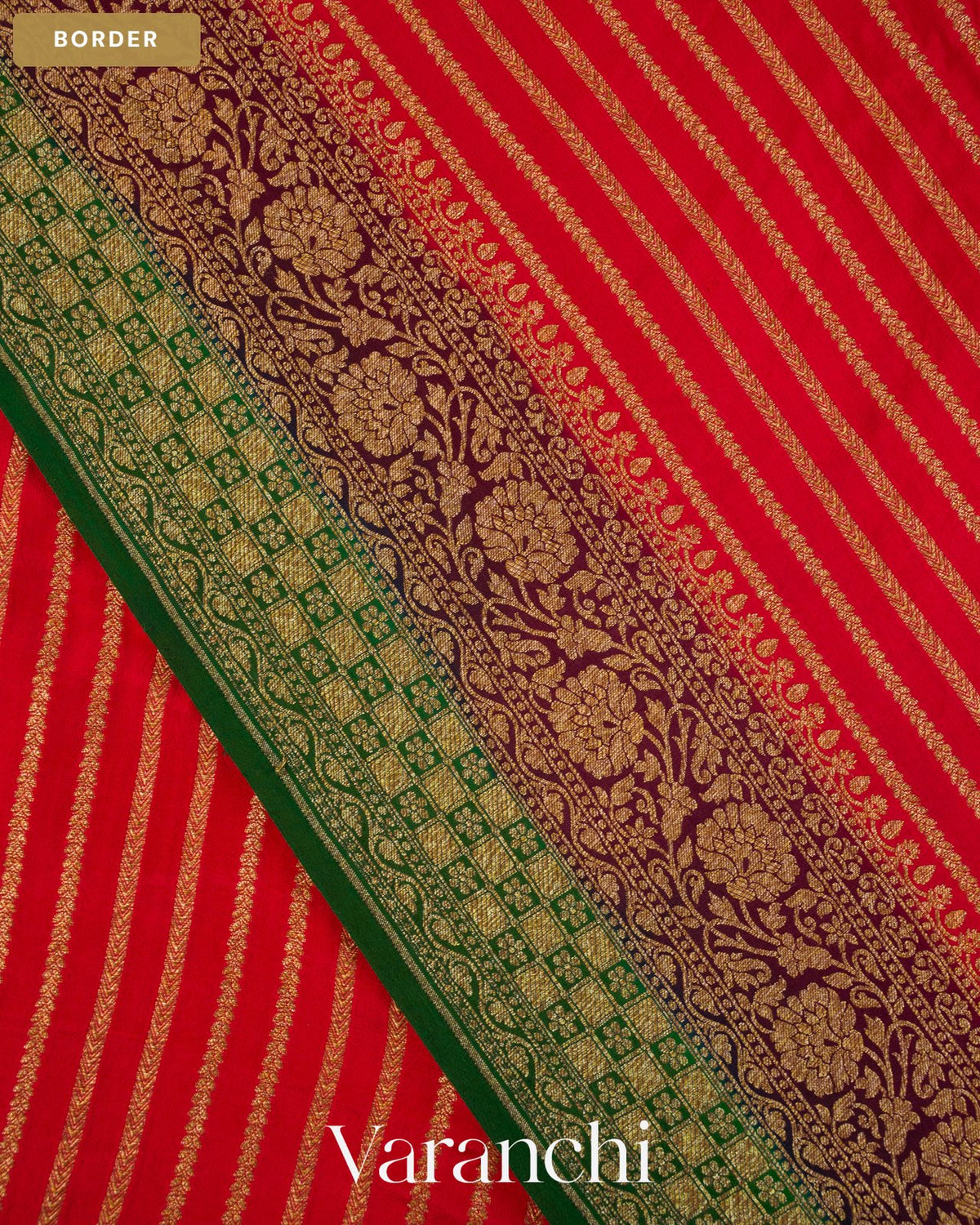 Chilly Red Striped Pure Crepe Silk Handloom Saree — Border