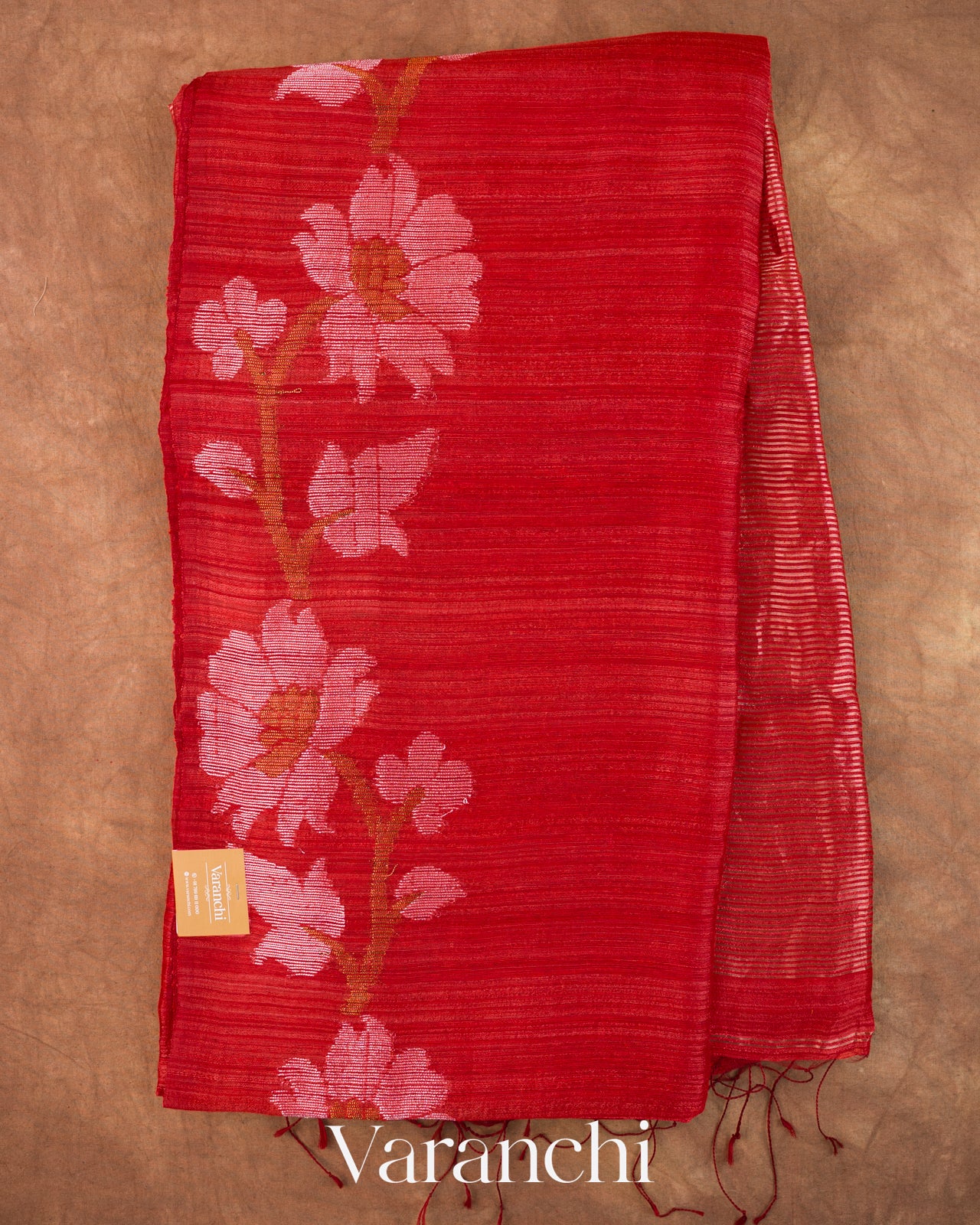 Tulip Red Floral Jamdani Pure Matka Silk Handloom Saree