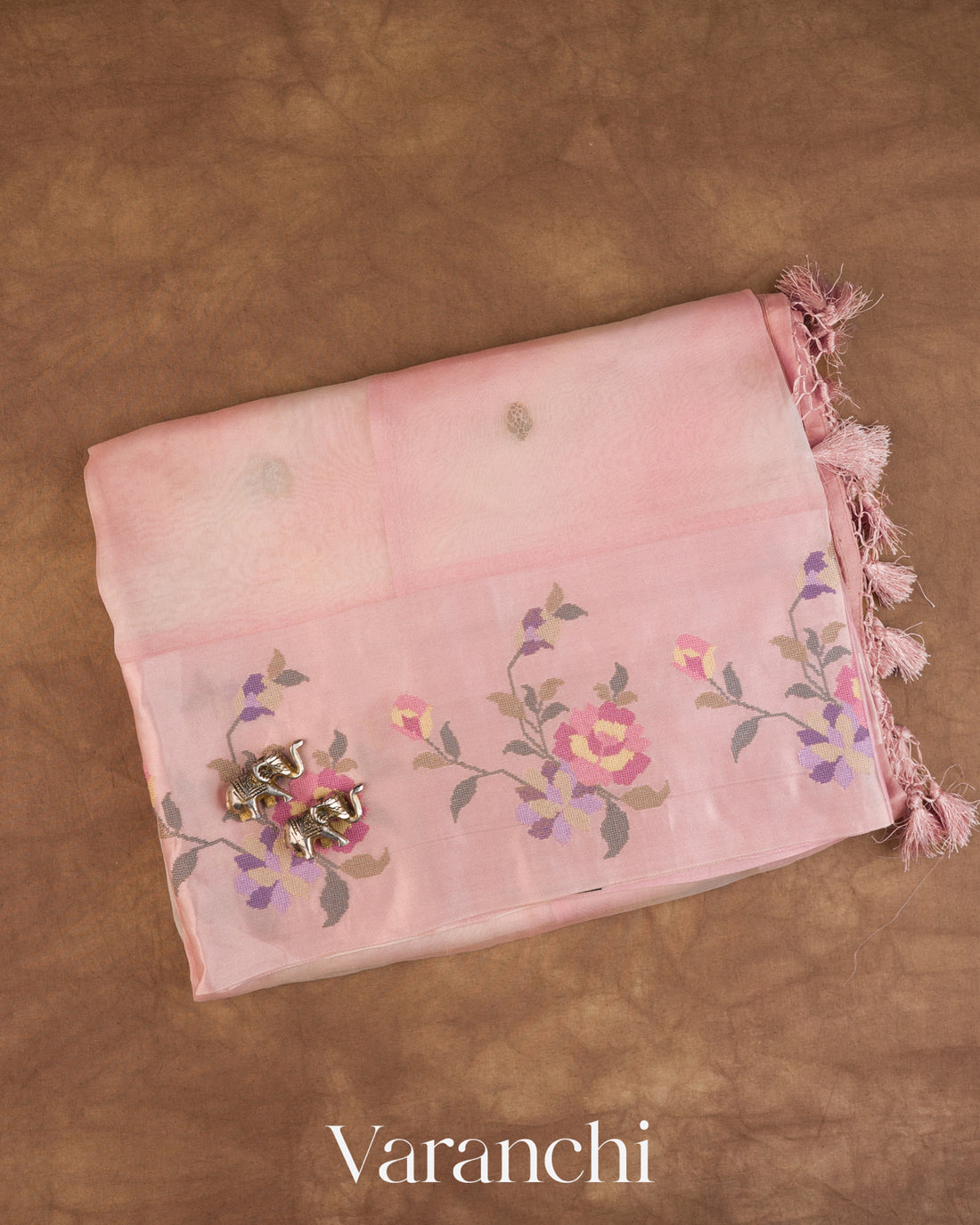 Blush Pink Floral Embroidered Pure Kora Silk Saree