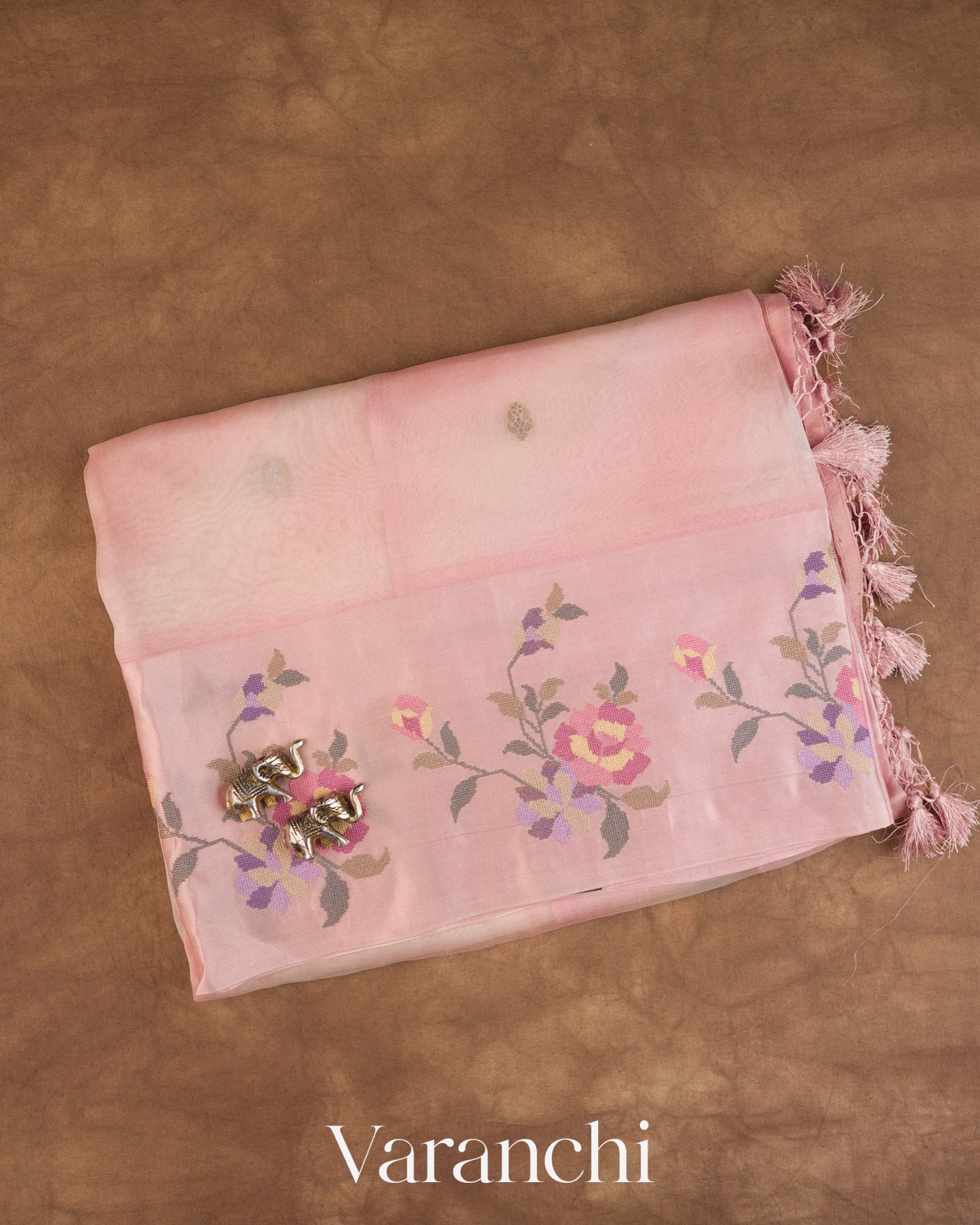 Blush Pink Floral Embroidered Pure Kora Silk Saree