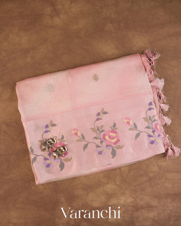 Blush Pink Floral Embroidered Pure Kora Silk Saree