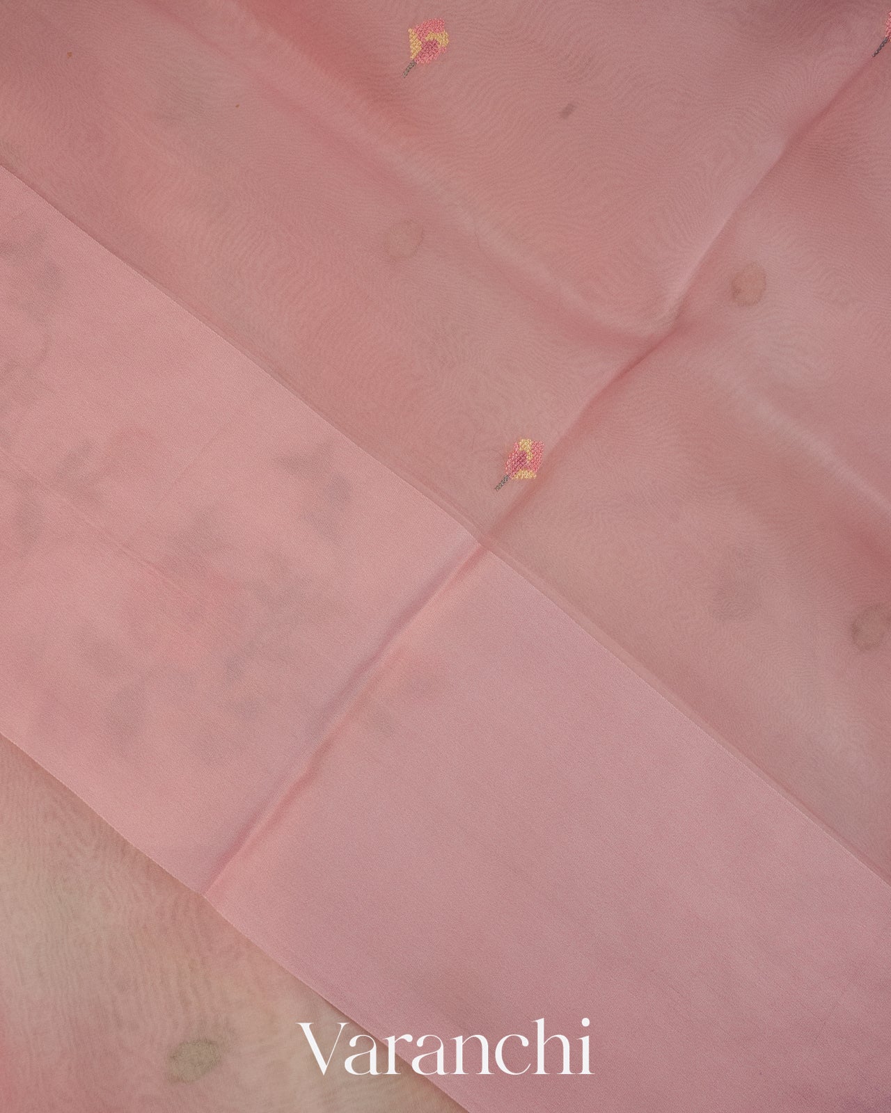 Blush Pink Floral Embroidered Pure Kora Silk Saree