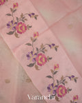 Blush Pink Floral Embroidered Pure Kora Silk Saree