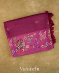 Deep Maroon Floral Embroidered Pure Kora Silk Saree — Folded