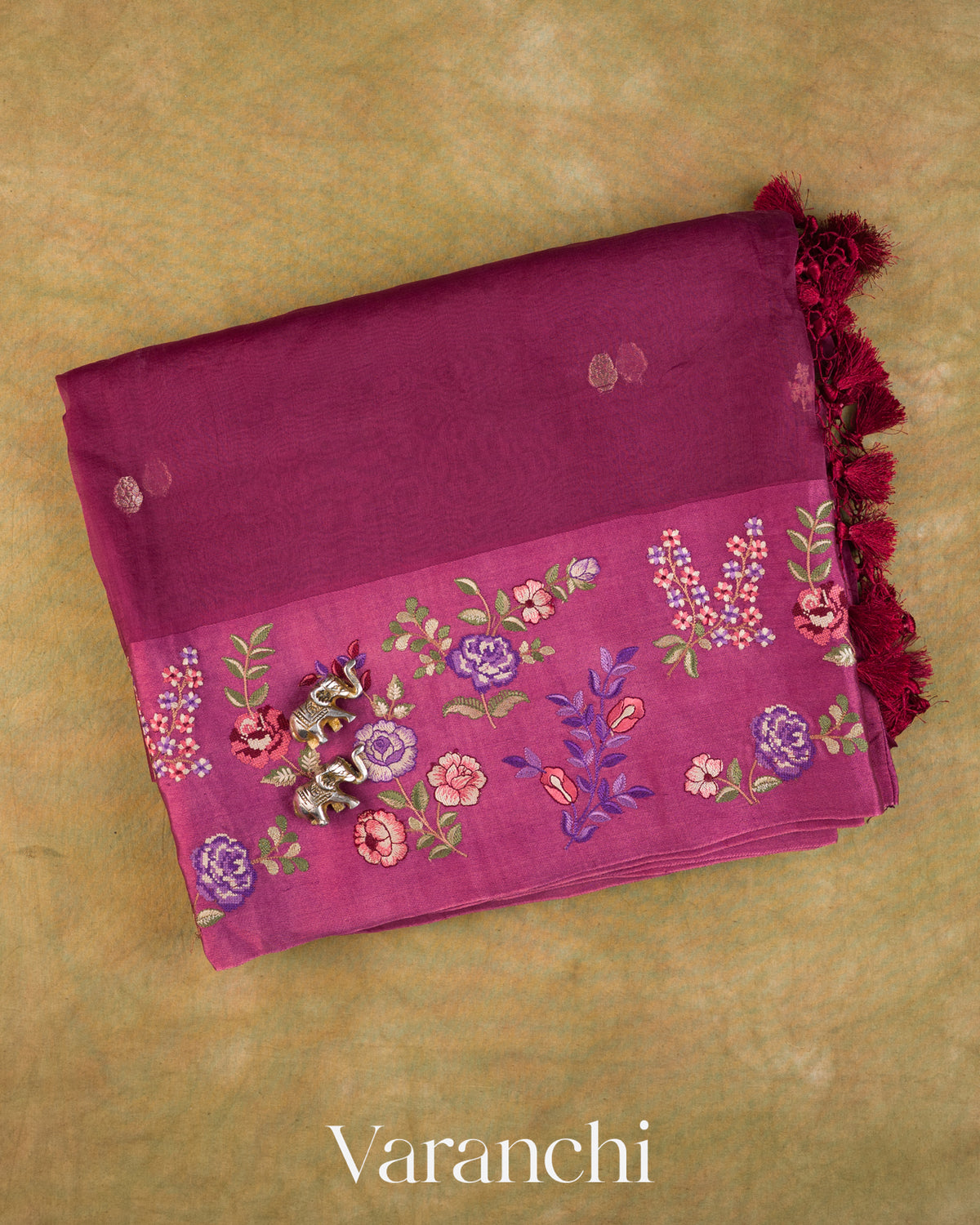 Deep Maroon Floral Embroidered Pure Kora Silk Saree — Folded