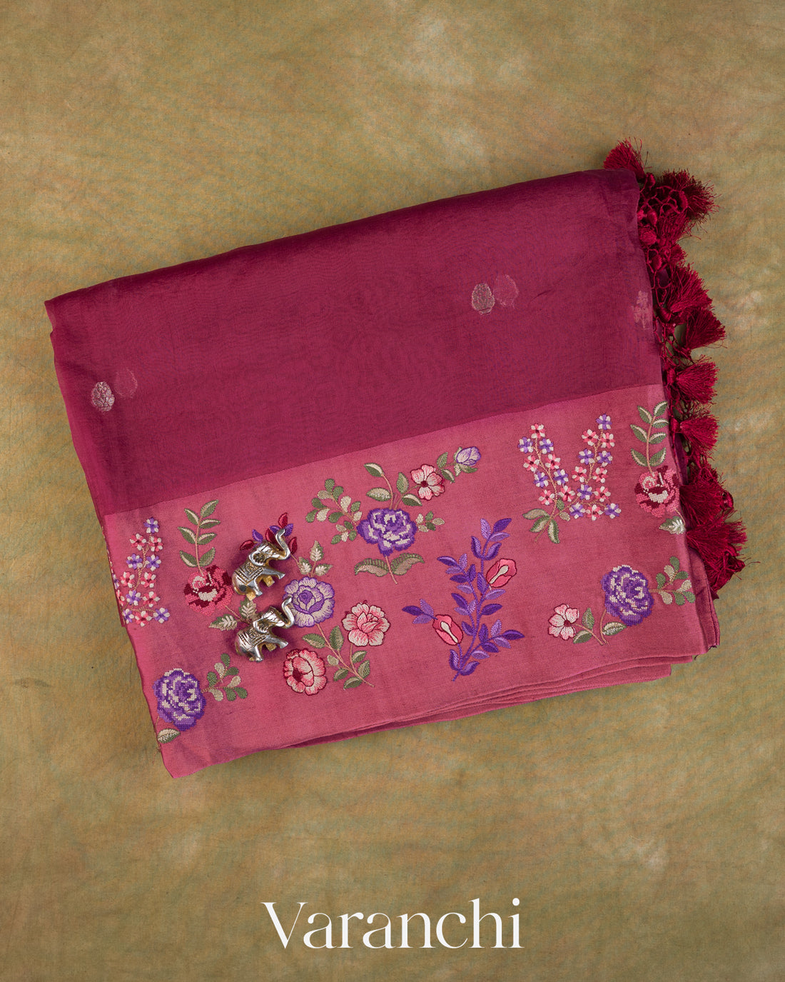 Deep Maroon Floral Embroidered Pure Kora Silk Saree — Folded