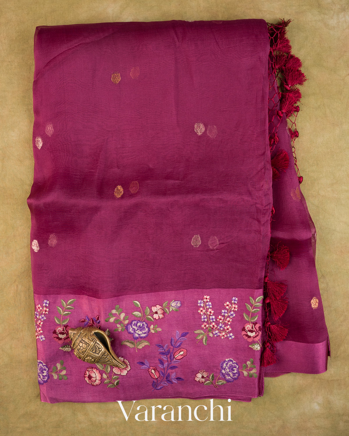 Deep Maroon Floral Embroidered Pure Kora Silk Saree — Full Saree