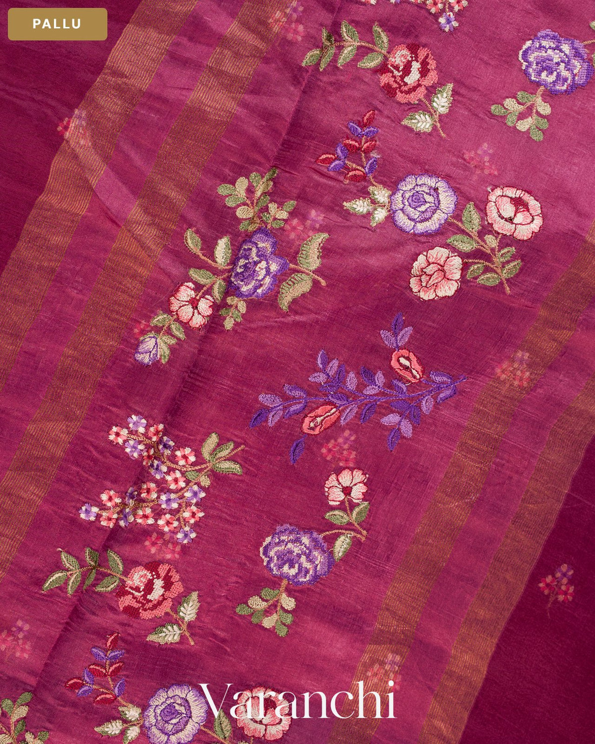 Deep Maroon Floral Embroidered Pure Kora Silk Saree — Pallu