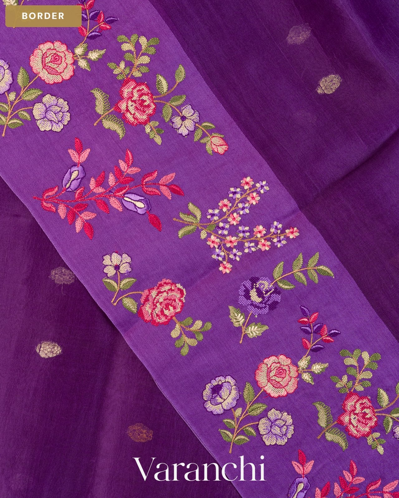 Purple Floral Embroidered Pure Kora Silk Saree — Border