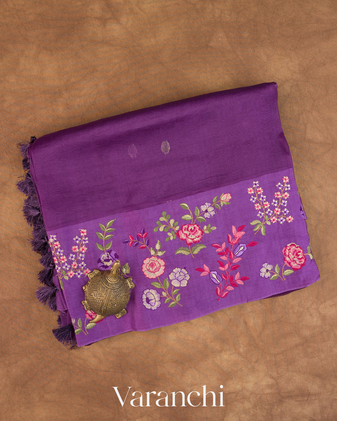Purple Floral Embroidered Pure Kora Silk Saree — Folded