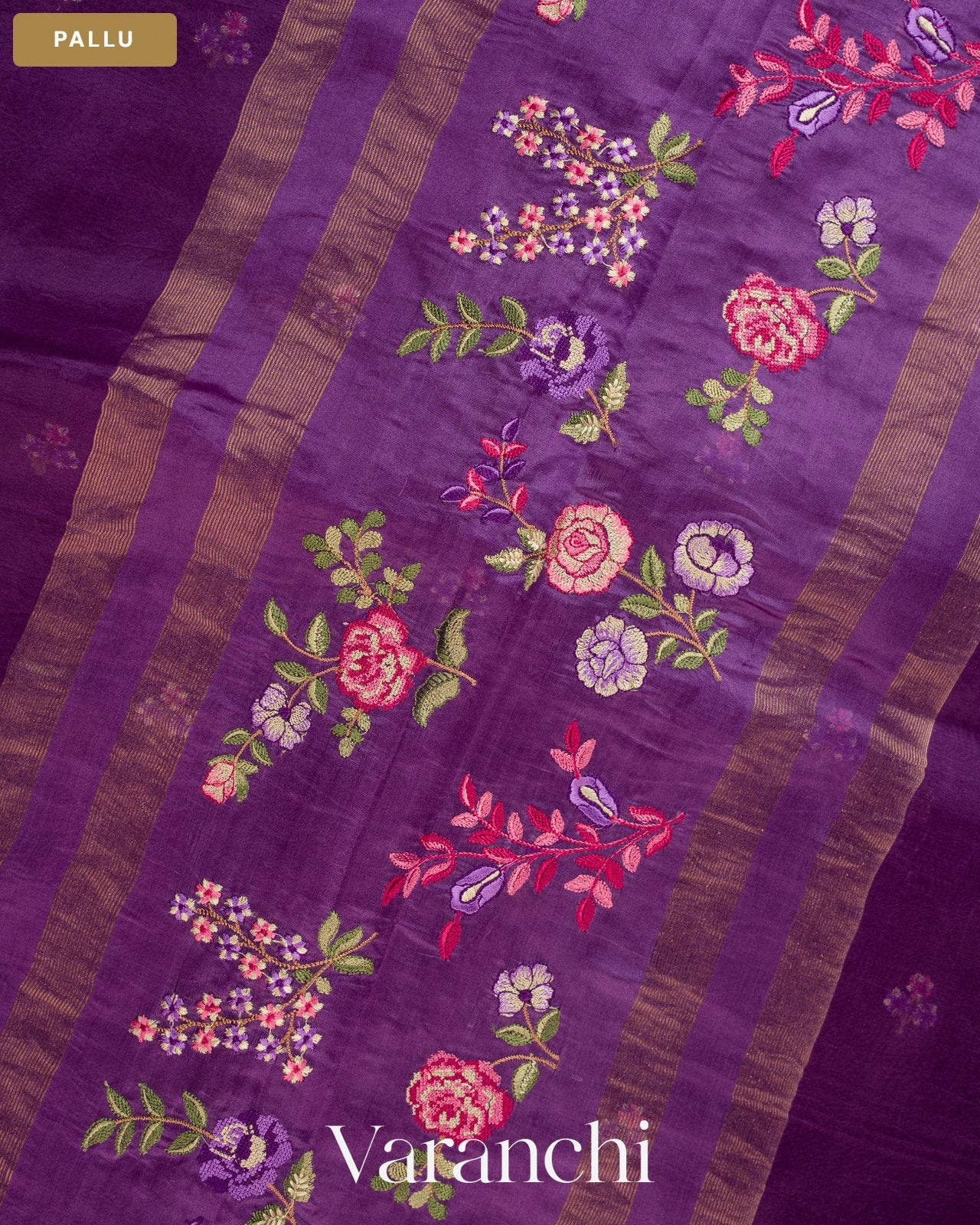 Purple Floral Embroidered Pure Kora Silk Saree — Pallu