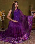 Purple Floral Embroidered Pure Kora Silk Saree — Draped