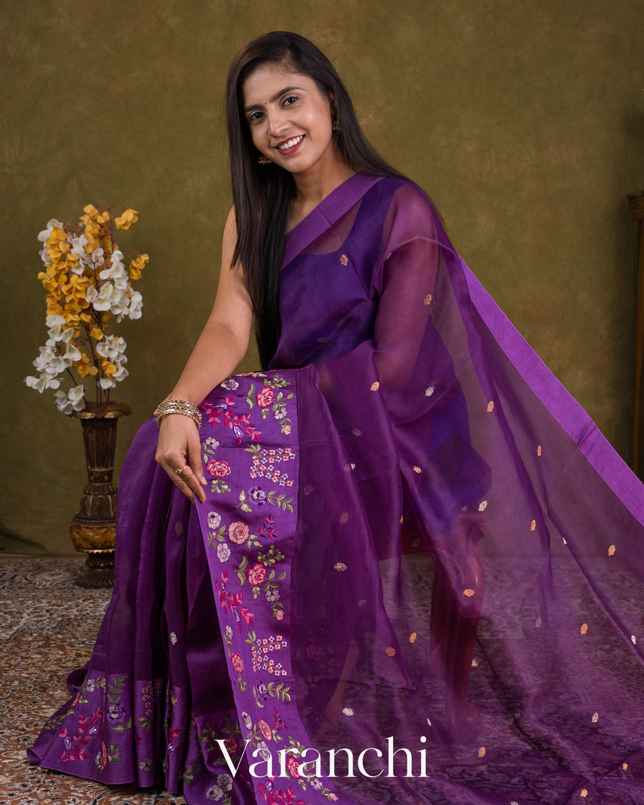 Purple Floral Embroidered Pure Kora Silk Saree — Draped