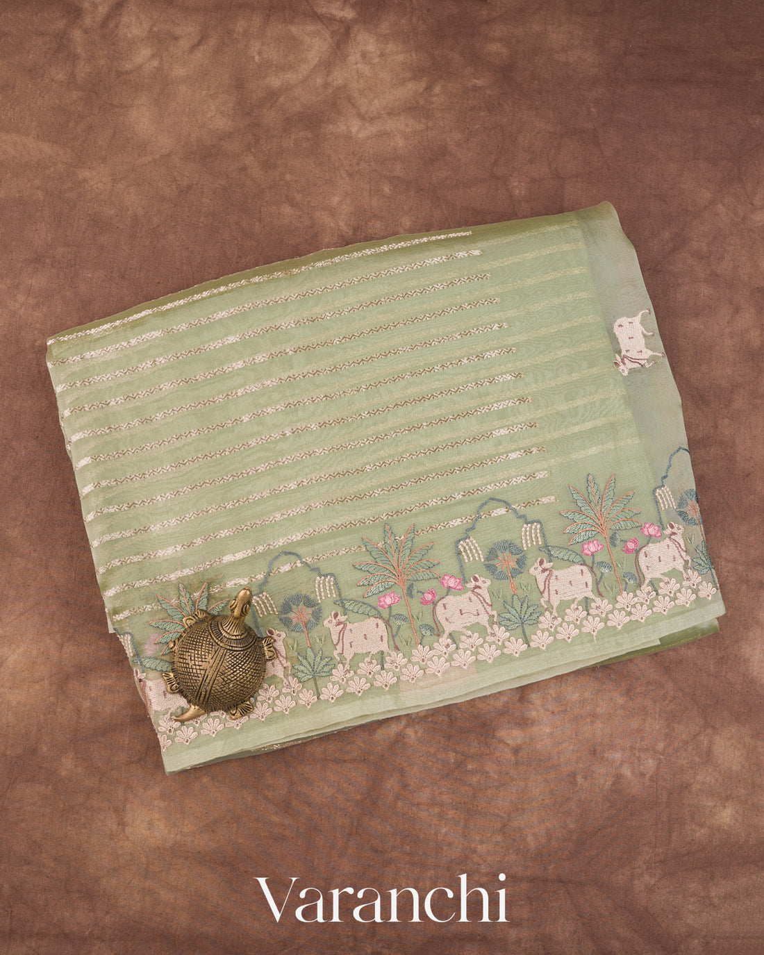 Pista Green Tissue Striped and Pichwai Embroidered Border Pure Kora Silk Saree — Folded